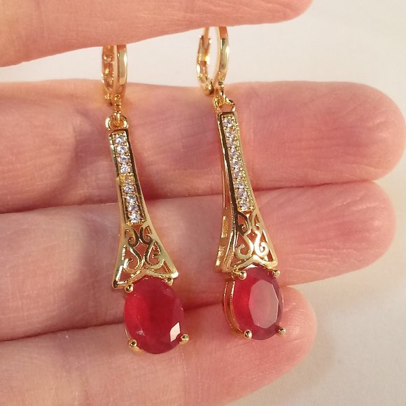 18K Yellow Gold Filled Ruby Red Diamond Zircon Swirl Dangle Earrings 1.86ctw ea - Picture 2 of 3